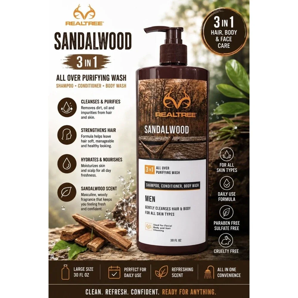 Realtree Sandalwood 3 In 1 All Over Purifying Wash New 30 Fl Oz